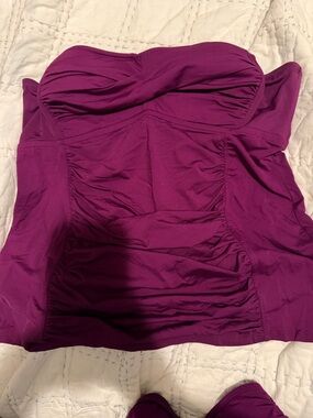 Strapless Ruched Swim Top in Deep Magenta with skirted bottom